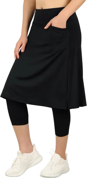 Womens Athletic Skirted Leggings with Pockets High Waisted Knee Length Skirts with Capris Leggings for Tennis