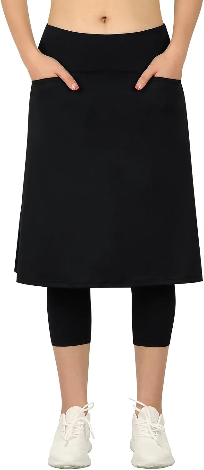 Womens Athletic Skirted Leggings with Pockets High Waisted Knee Length Skirts with Capris Leggings for Tennis