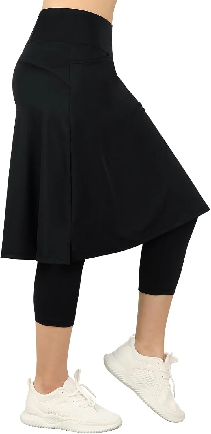 Womens Athletic Skirted Leggings with Pockets High Waisted Knee Length Skirts with Capris Leggings for Tennis