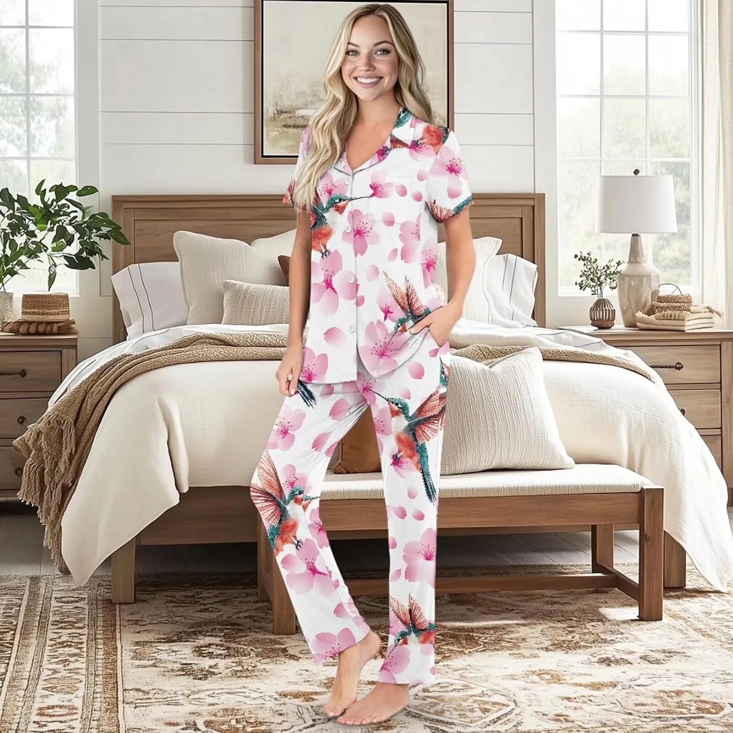 Women's Aztec Western Style Print Pajamas Set Short Sleeve Top With Pants Pjs Lounge & Sleepwear Set S-XXL