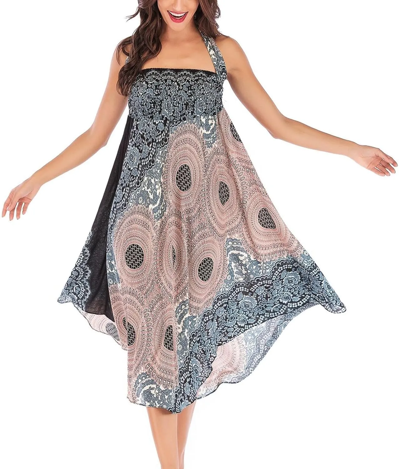 Women's Boho Dresses Ruffle Skirt Summer High Waisted Vintage Spring Belted Beach Casual Sundress