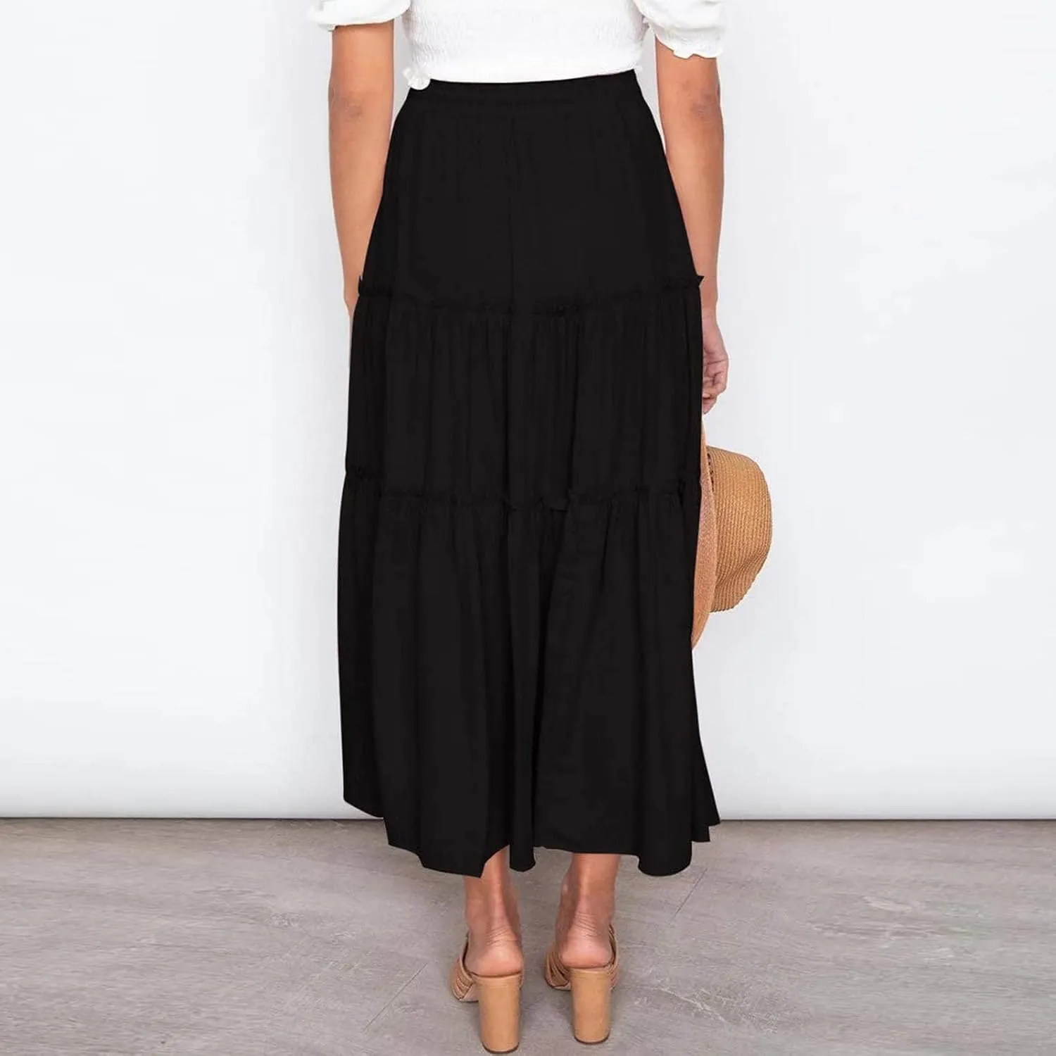 Womens Boho Long Skirts Summer Casual Elastic High Waisted A-Line Maxi Skirt Flowy Swing Ruffle Hem Holiday Skirt
