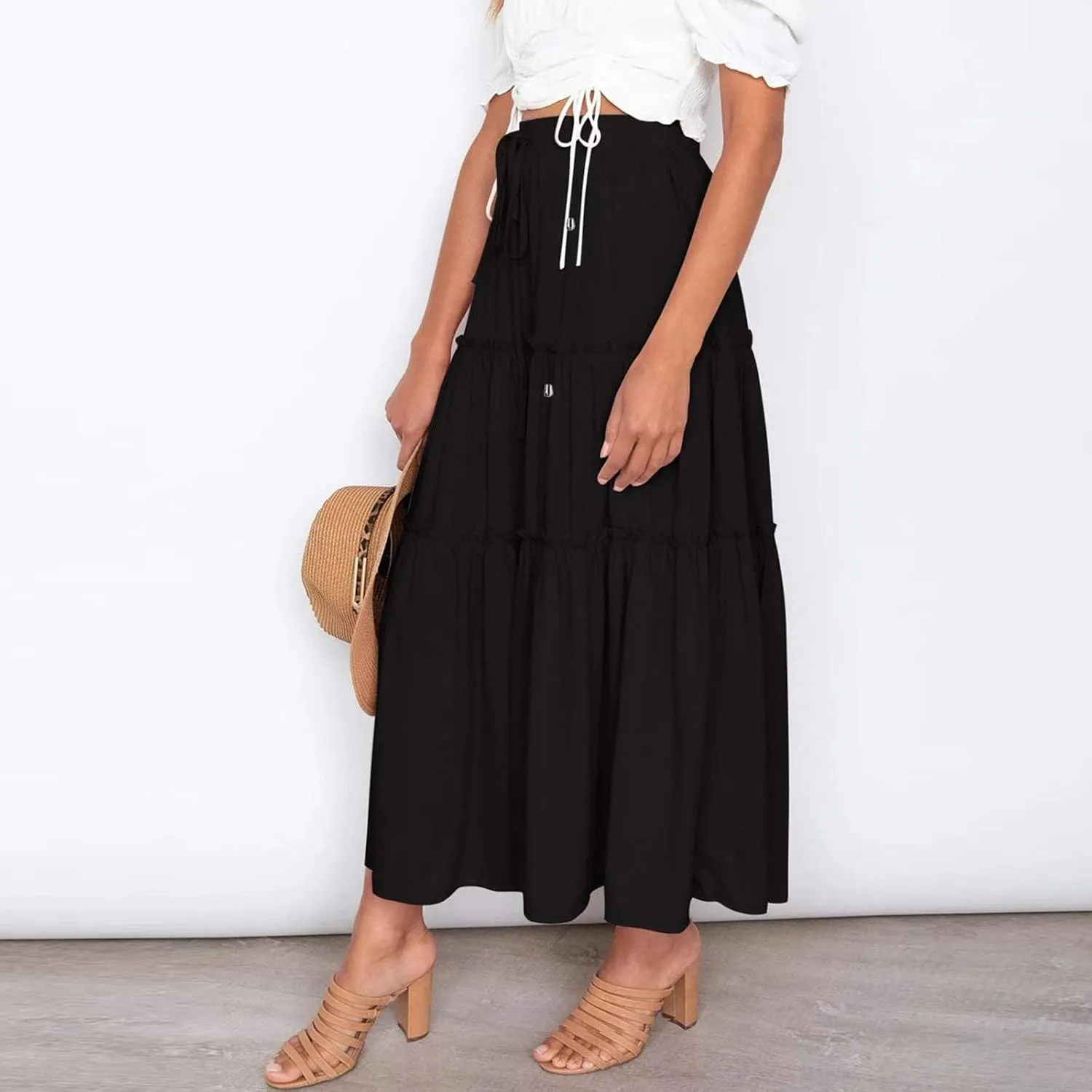 Womens Boho Long Skirts Summer Casual Elastic High Waisted A-Line Maxi Skirt Flowy Swing Ruffle Hem Holiday Skirt