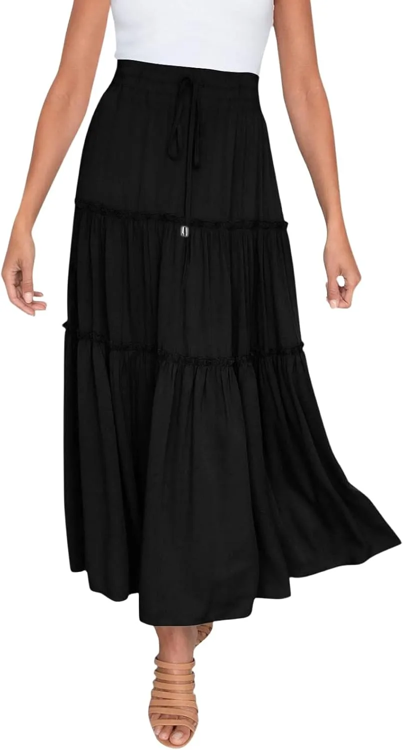 Womens Boho Long Skirts Summer Casual Elastic High Waisted A-Line Maxi Skirt Flowy Swing Ruffle Hem Holiday Skirt