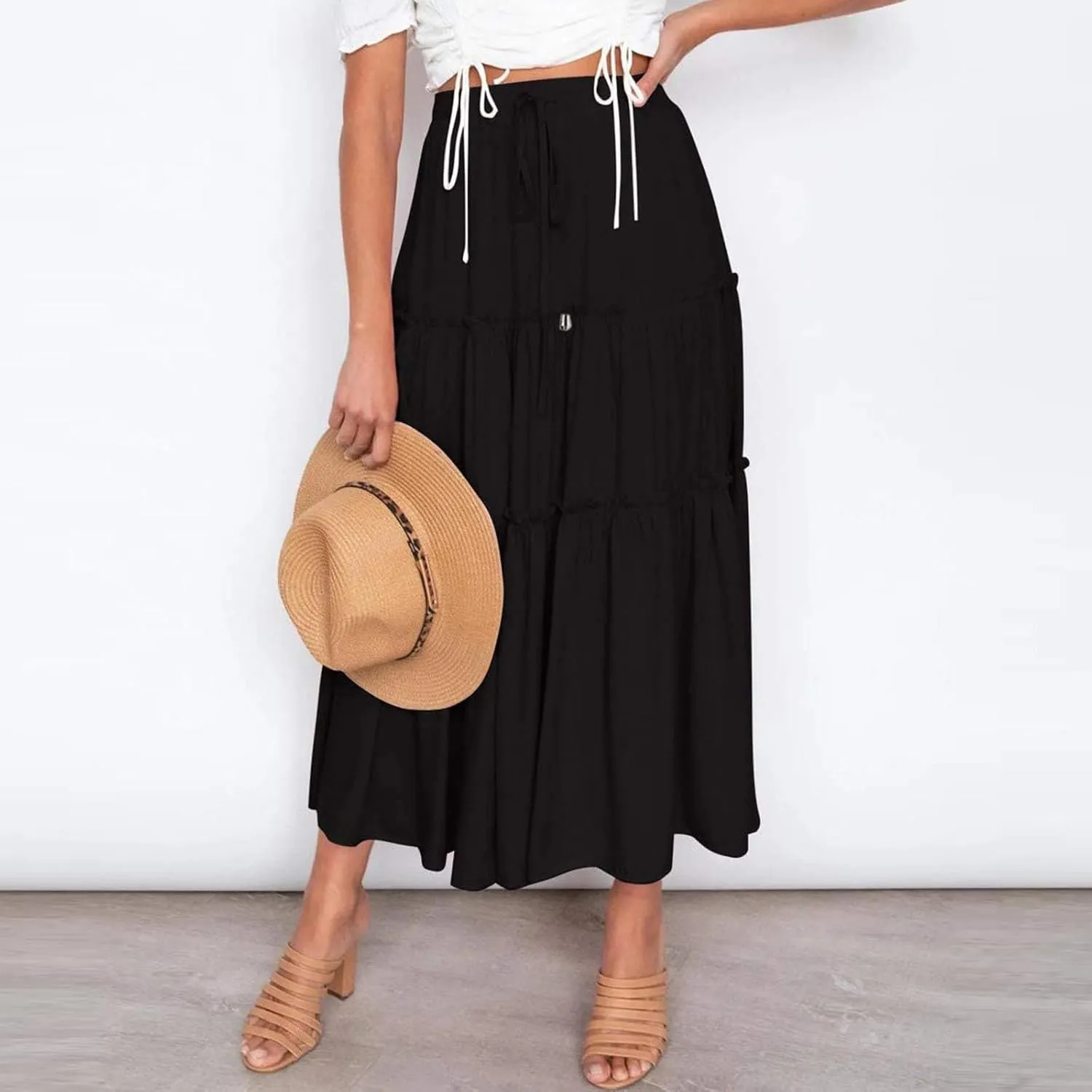 Womens Boho Long Skirts Summer Casual Elastic High Waisted A-Line Maxi Skirt Flowy Swing Ruffle Hem Holiday Skirt