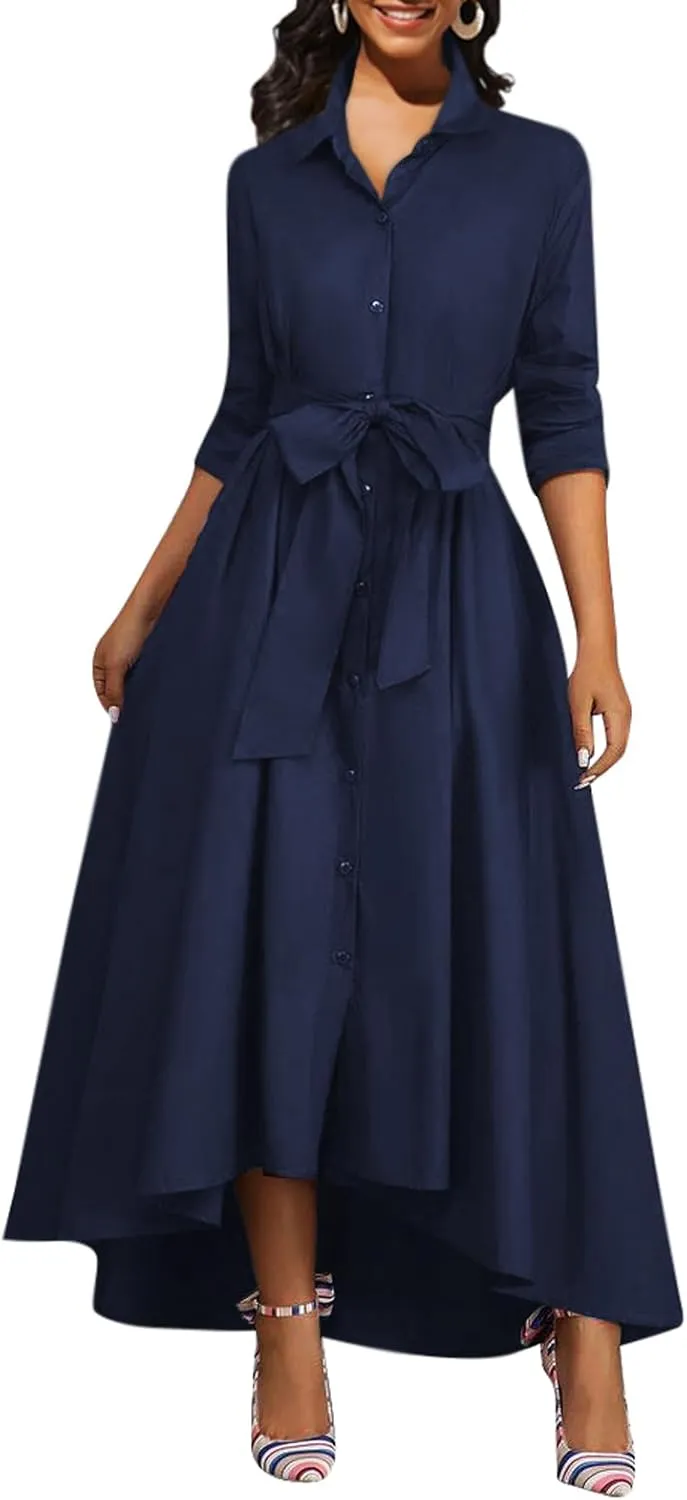Women's Button Down T-Shirt Dress Casual High Low V Neck Loose Long Dress with Belts