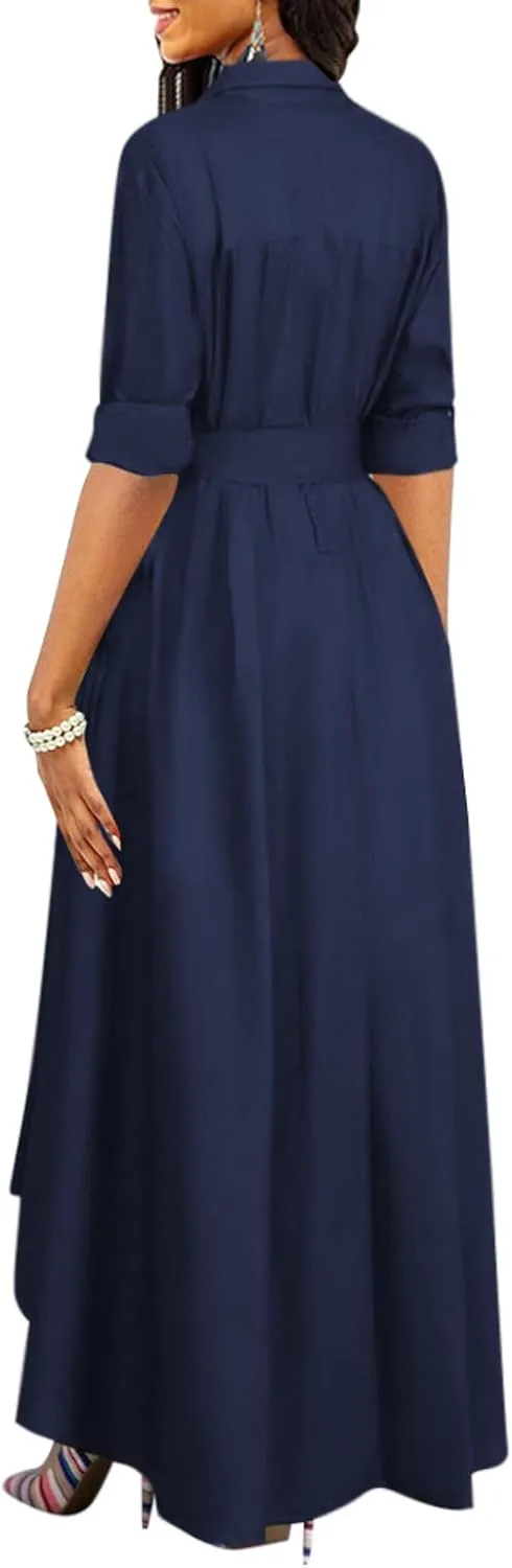 Women's Button Down T-Shirt Dress Casual High Low V Neck Loose Long Dress with Belts