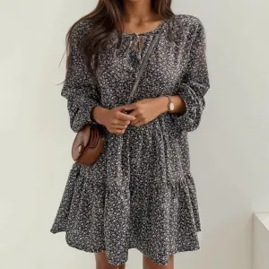 Women's Casual Boho Crew Neck Mini Dress Loose Swing Floral Printed Long Sleeve Flowy Tiered Vacation A-line Dress