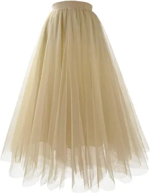 Womens Casual Long Pleated Skirt Fashion Solid Versatile Mesh Skirt High Waist Slimming A Line Fairy Skirt Tulle Skirt