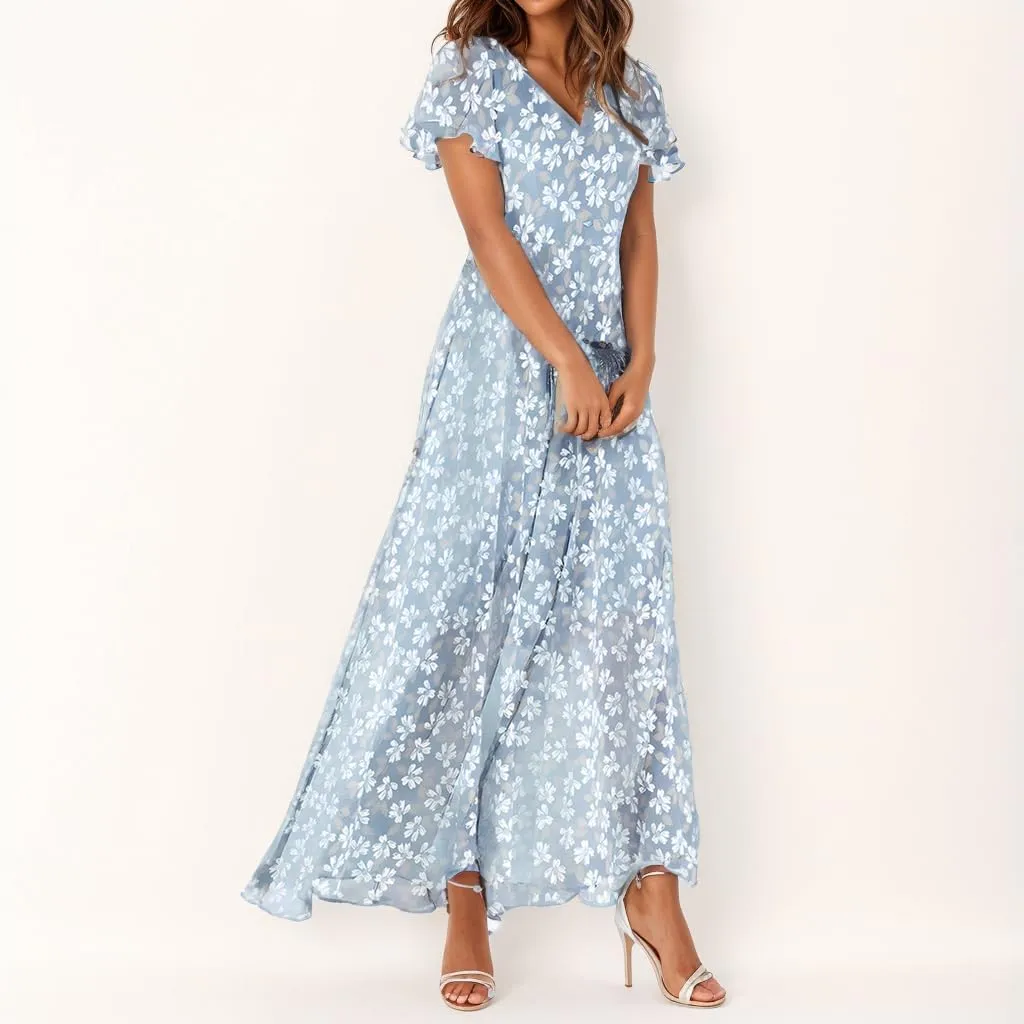 Women's Casual Short Sleeve Maxi Dresses Summer V Neck Floral Wedding Guest Dresses Chiffon Long Flowy Dress