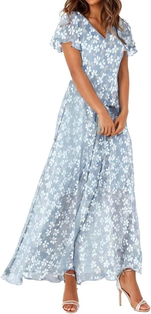 Women's Casual Short Sleeve Maxi Dresses Summer V Neck Floral Wedding Guest Dresses Chiffon Long Flowy Dress
