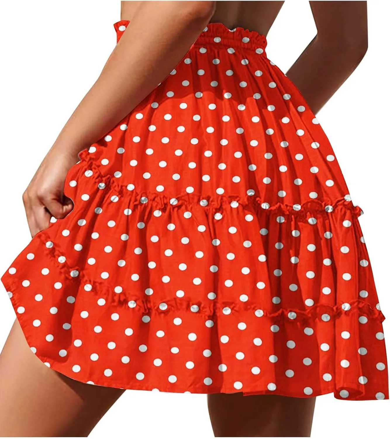 Women's Casual Summer Skirts High Waist Pleated Skirts A-Line Flowy Swing Tiered Skirt Polka Dots Beach Skirt