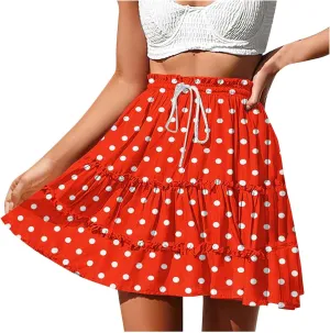 Women's Casual Summer Skirts High Waist Pleated Skirts A-Line Flowy Swing Tiered Skirt Polka Dots Beach Skirt