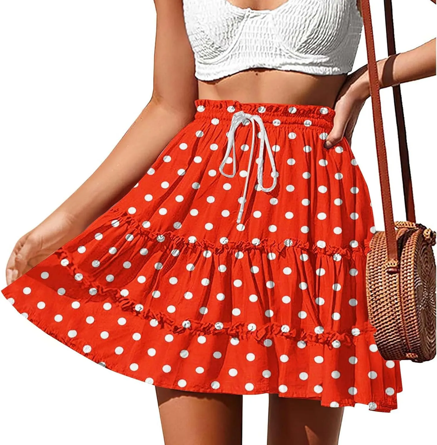 Women's Casual Summer Skirts High Waist Pleated Skirts A-Line Flowy Swing Tiered Skirt Polka Dots Beach Skirt