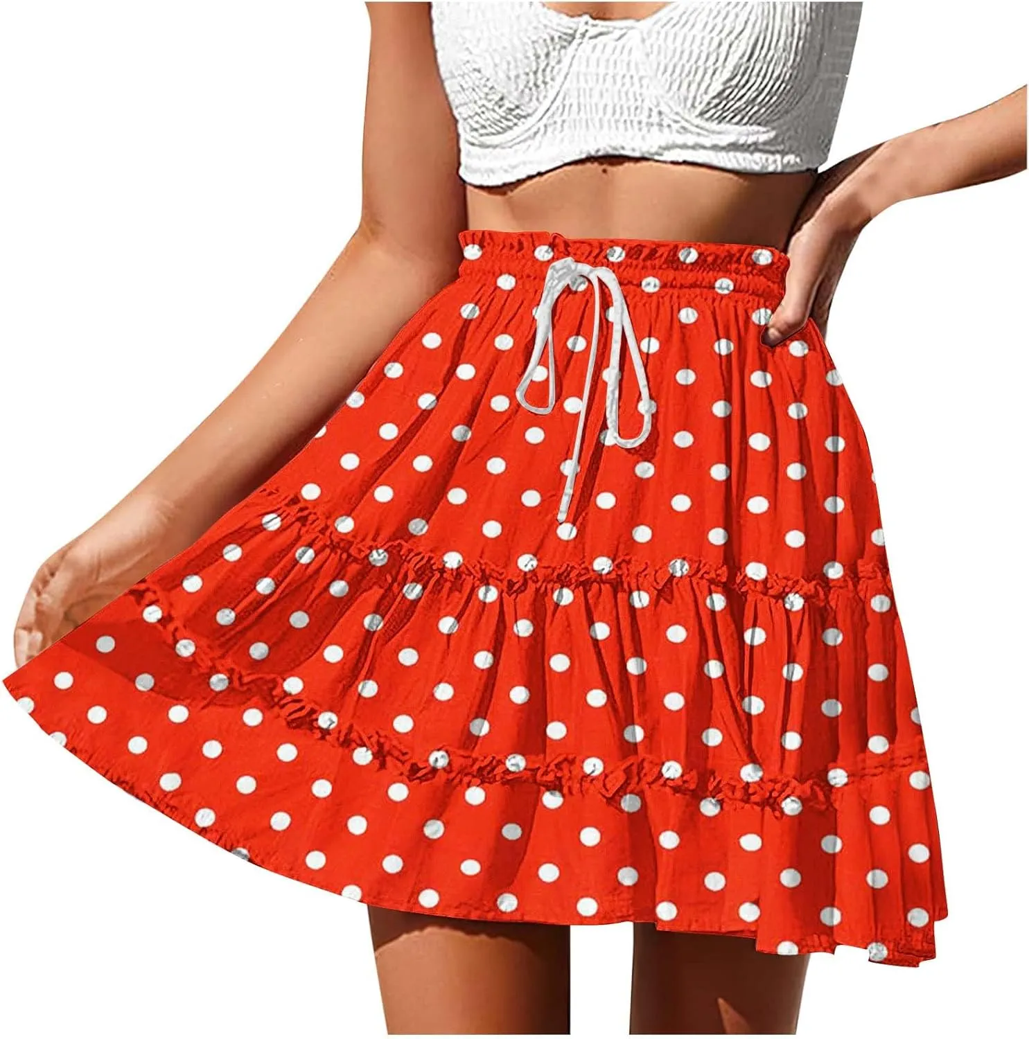 Women's Casual Summer Skirts High Waist Pleated Skirts A-Line Flowy Swing Tiered Skirt Polka Dots Beach Skirt