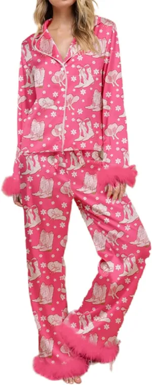 Women's Christmas Feather Trim Silk Satin Pajama Long Sleeve Sleepwear Satin Soft Button Down Loungewear Pjs Set