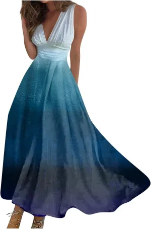 Womens Dresses Wrap V Neck Flowy Ruched Beach Dress Floral Print Sleeveless Boho Dress Trendy Maxi Dress