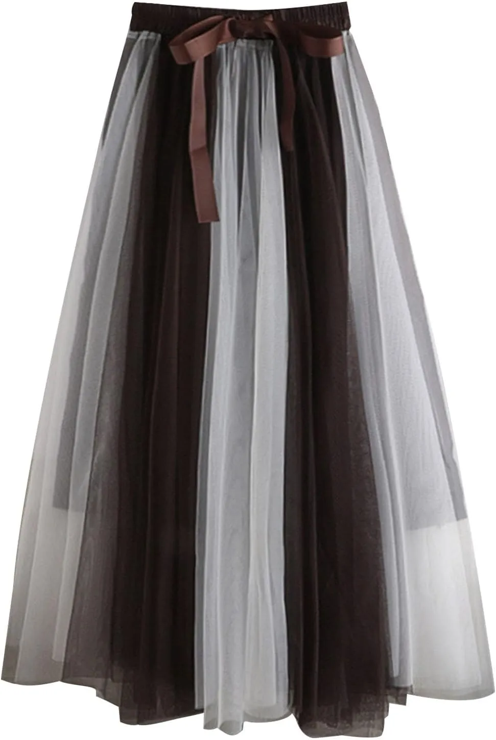 Women's Elegant Tulle Skirts Color Blocking Pleated Flowy Skirt Bow High Waist Ankle Length Midi Skirt