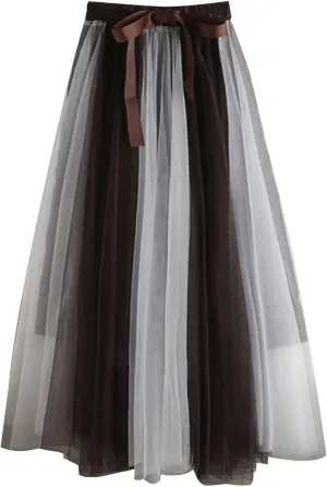 Women's Elegant Tulle Skirts Color Blocking Pleated Flowy Skirt Bow High Waist Ankle Length Midi Skirt