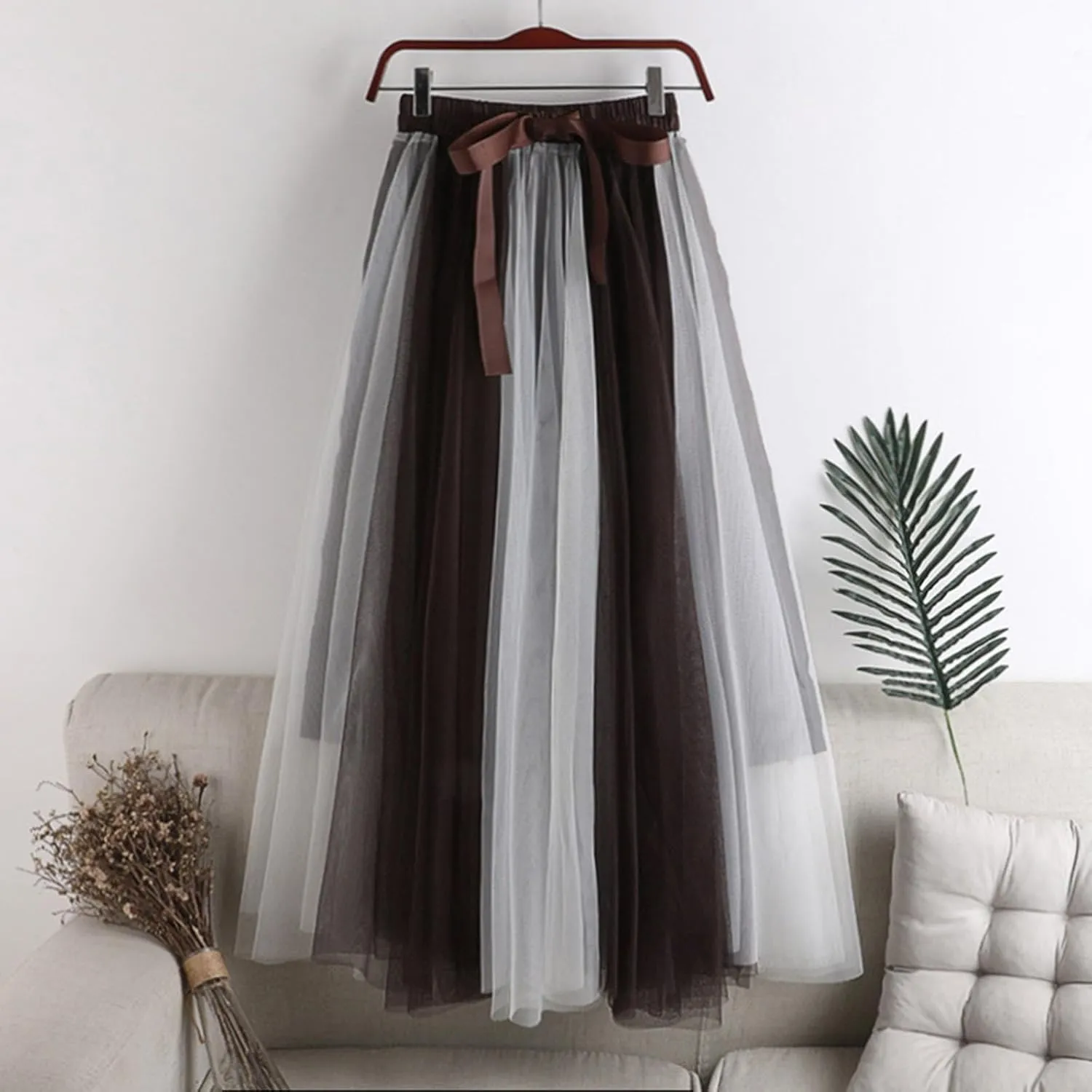 Women's Elegant Tulle Skirts Color Blocking Pleated Flowy Skirt Bow High Waist Ankle Length Midi Skirt