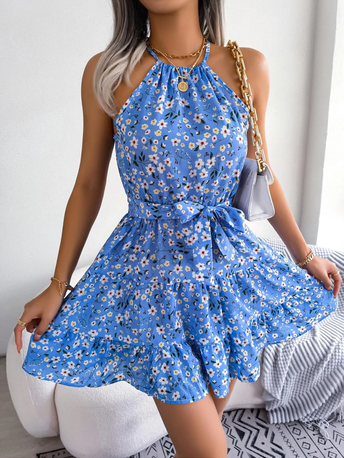 Women's Floral print Halter Neck Dresses Summer Sleeveless Casual Ruffle Mini Sundress with belt
