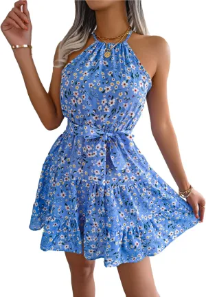 Women's Floral print Halter Neck Dresses Summer Sleeveless Casual Ruffle Mini Sundress with belt