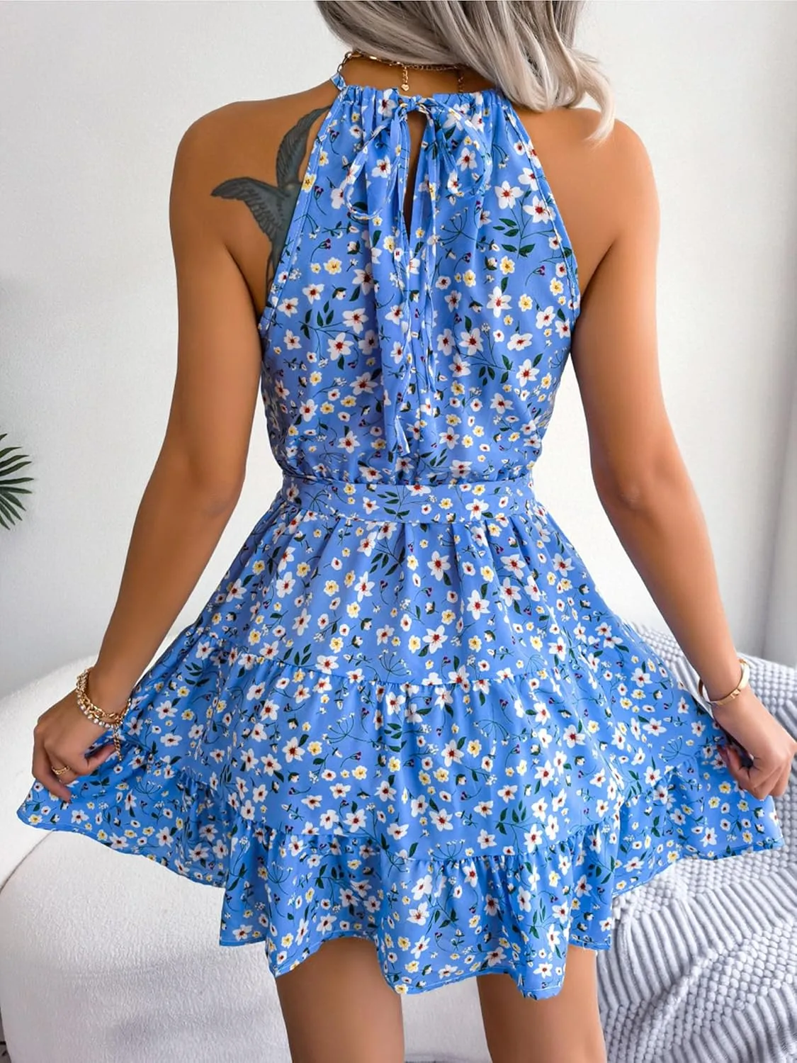 Women's Floral print Halter Neck Dresses Summer Sleeveless Casual Ruffle Mini Sundress with belt