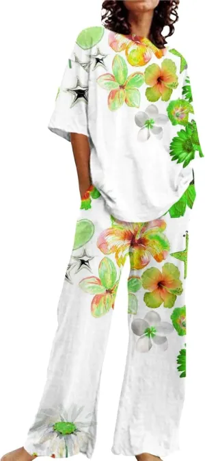 Women's Floral Printed Pajama Sets Plus Size Short Sleeve Tops and Wide Leg Long Boho Pants Cotton Casual Sleepware