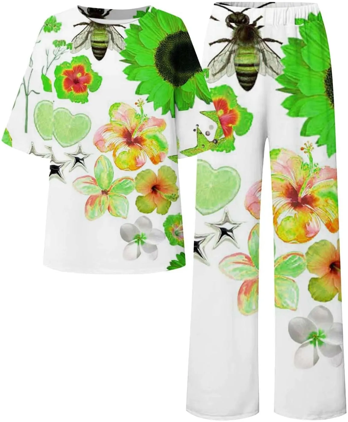 Women's Floral Printed Pajama Sets Plus Size Short Sleeve Tops and Wide Leg Long Boho Pants Cotton Casual Sleepware