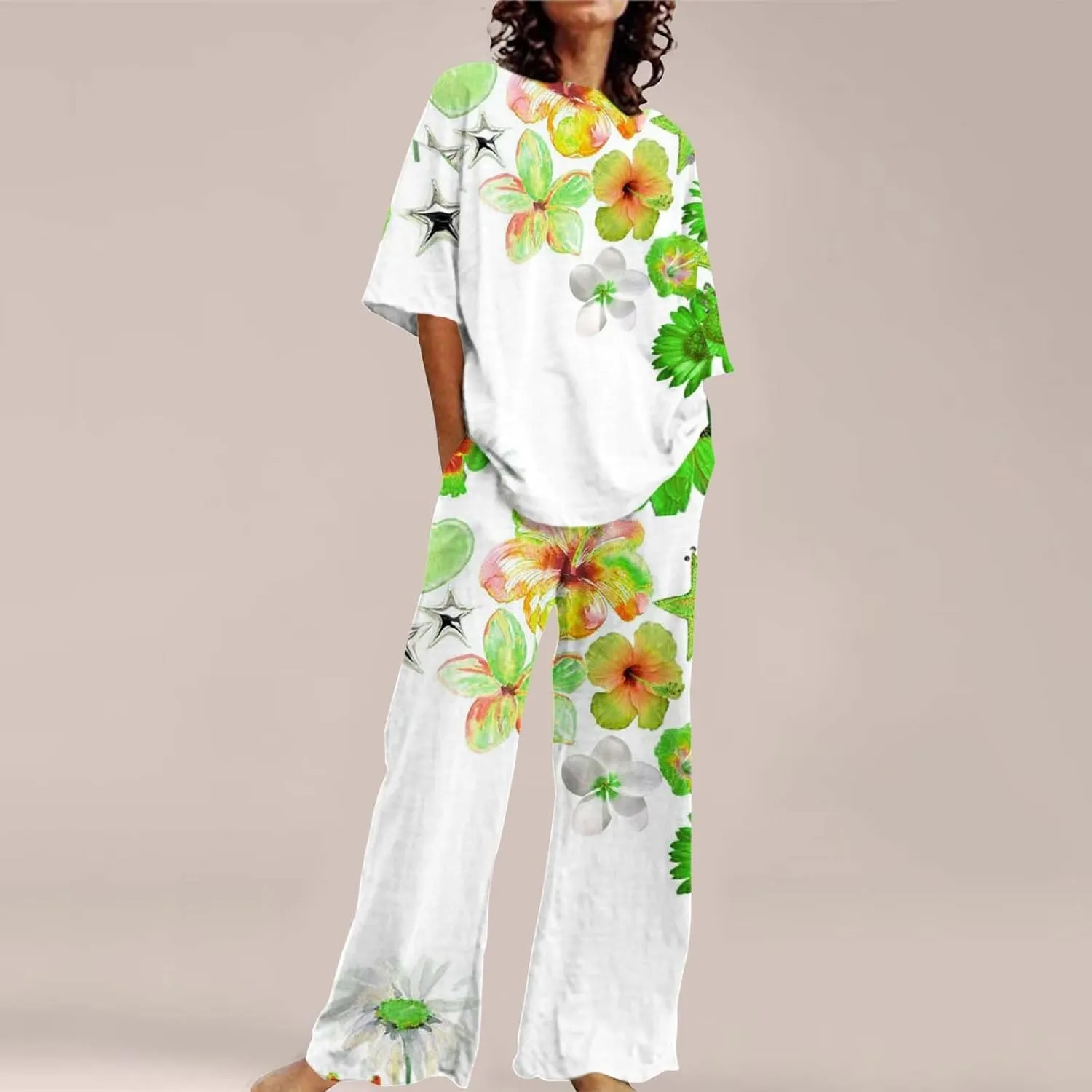 Women's Floral Printed Pajama Sets Plus Size Short Sleeve Tops and Wide Leg Long Boho Pants Cotton Casual Sleepware