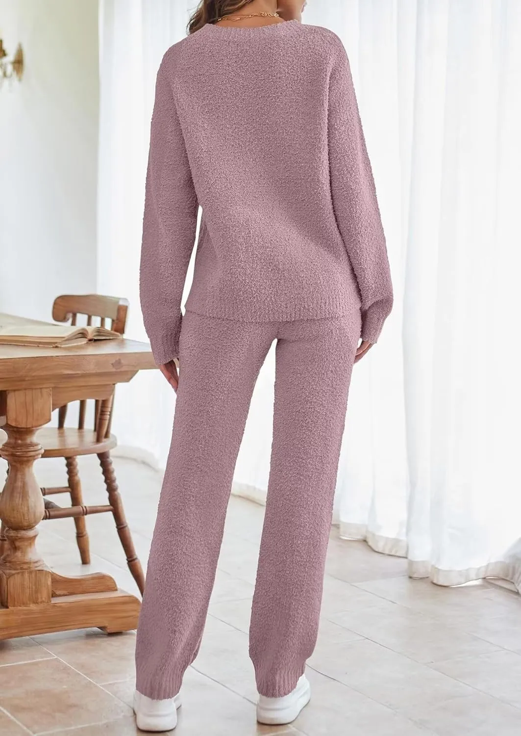 Women's Fuzzy Pajamas Sets Long Sleeve Lounge Casual Fleece Set 2 Piece Knit Loungewear Sleepwear