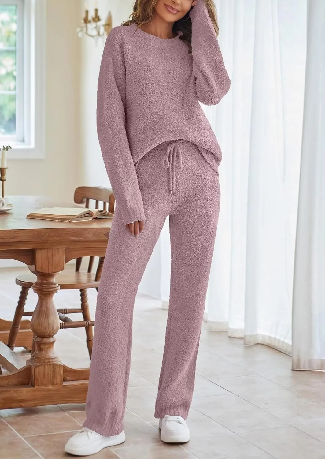 Women's Fuzzy Pajamas Sets Long Sleeve Lounge Casual Fleece Set 2 Piece Knit Loungewear Sleepwear