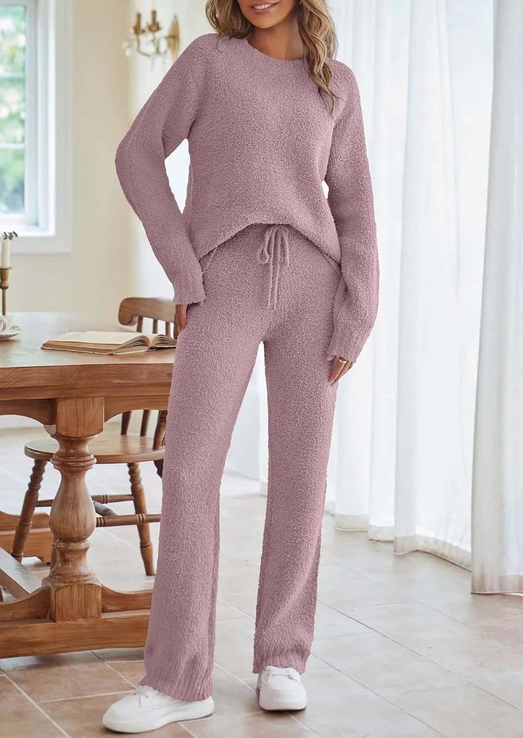 Women's Fuzzy Pajamas Sets Long Sleeve Lounge Casual Fleece Set 2 Piece Knit Loungewear Sleepwear
