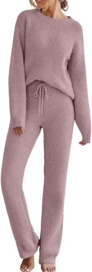 Women's Fuzzy Pajamas Sets Long Sleeve Lounge Casual Fleece Set 2 Piece Knit Loungewear Sleepwear