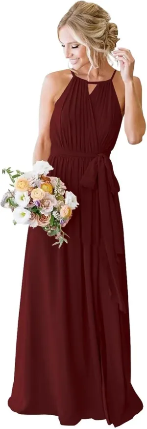 Women's Halter Chiffon Wrap Bridesmaid Dresses Long with Slit Pleated A Line Formal Dresses with Pockets SR008