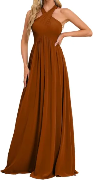 Womens Halter Pleated Chiffon Bridesmaid Dress A Line Prom Dress Long Formal Evening Maxi Party Gowns EZ109