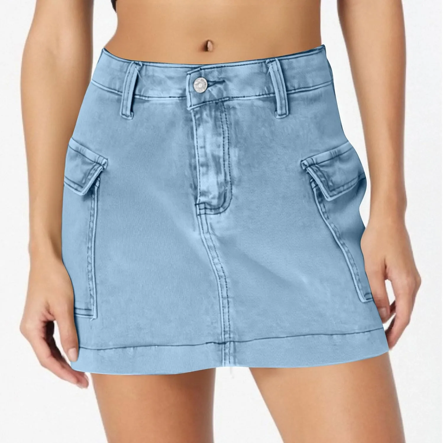 Women's Jean Skirt High Waisted Stretch Casual Summer Mini Skort Trendy Low Waist Cargo Denim Skirts with Pockets