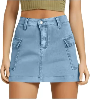 Women's Jean Skirt High Waisted Stretch Casual Summer Mini Skort Trendy Low Waist Cargo Denim Skirts with Pockets