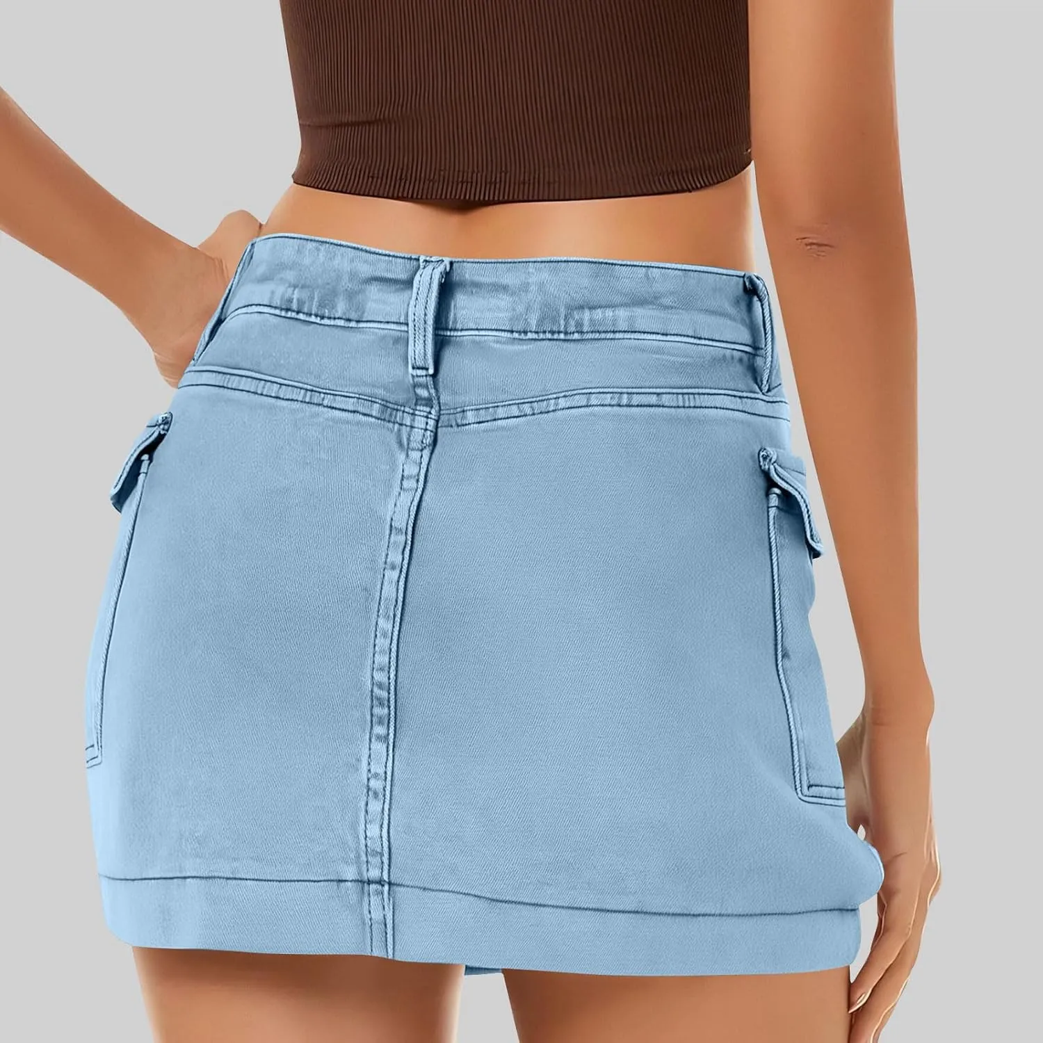 Women's Jean Skirt High Waisted Stretch Casual Summer Mini Skort Trendy Low Waist Cargo Denim Skirts with Pockets