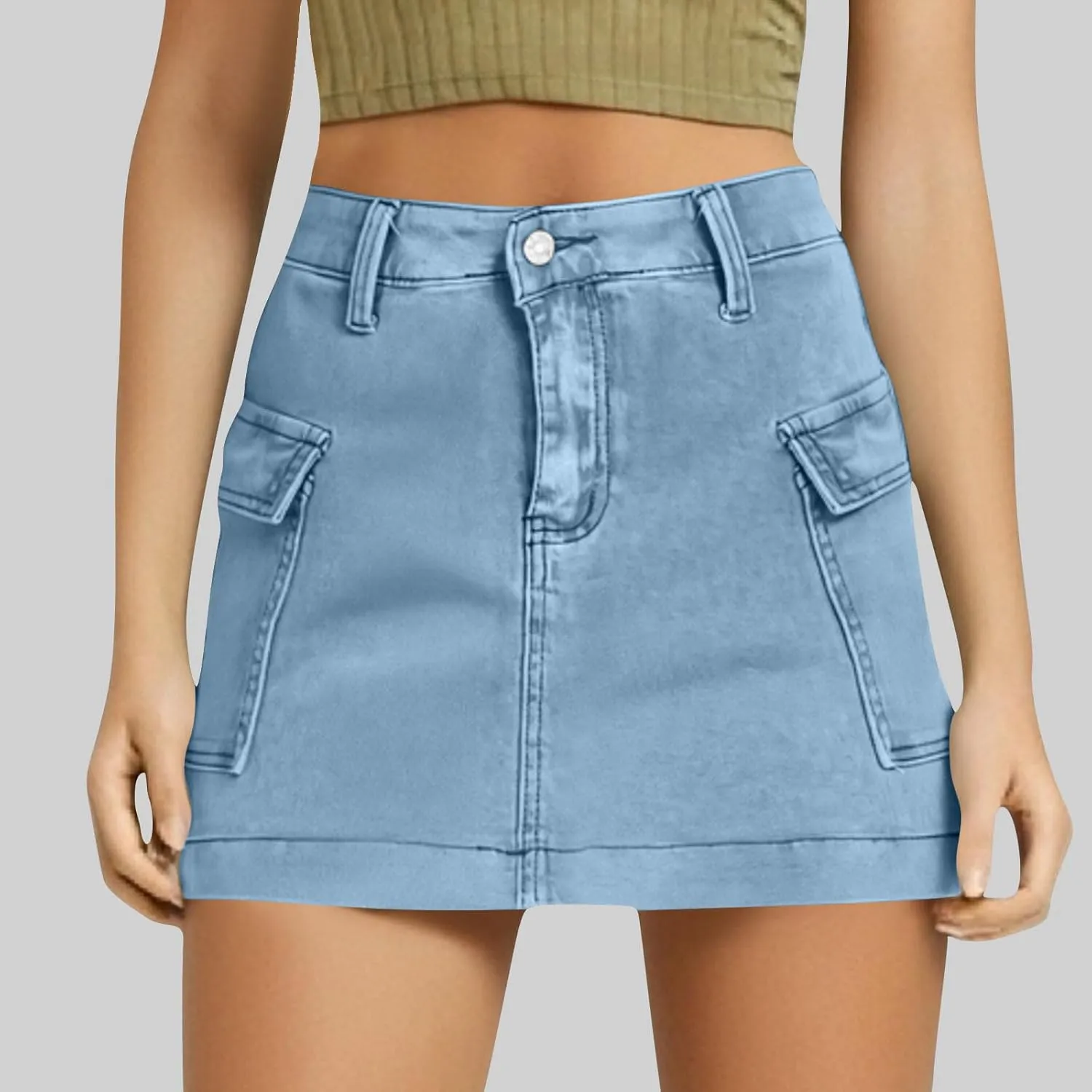 Women's Jean Skirt High Waisted Stretch Casual Summer Mini Skort Trendy Low Waist Cargo Denim Skirts with Pockets
