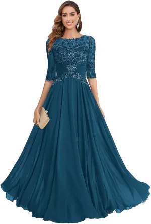 Women's Lace Applique Mother of The Bride Dresses Scoop Neck A-Line Chiffon Formal Dresses for Wedding