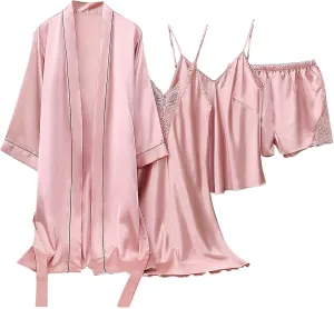 Women's Lace Trim Silk Pajamas Camisole Nightgown Sleepwear Satin Robe Cami Shorts Pj Sets 4 Piece Loungewear Nighty