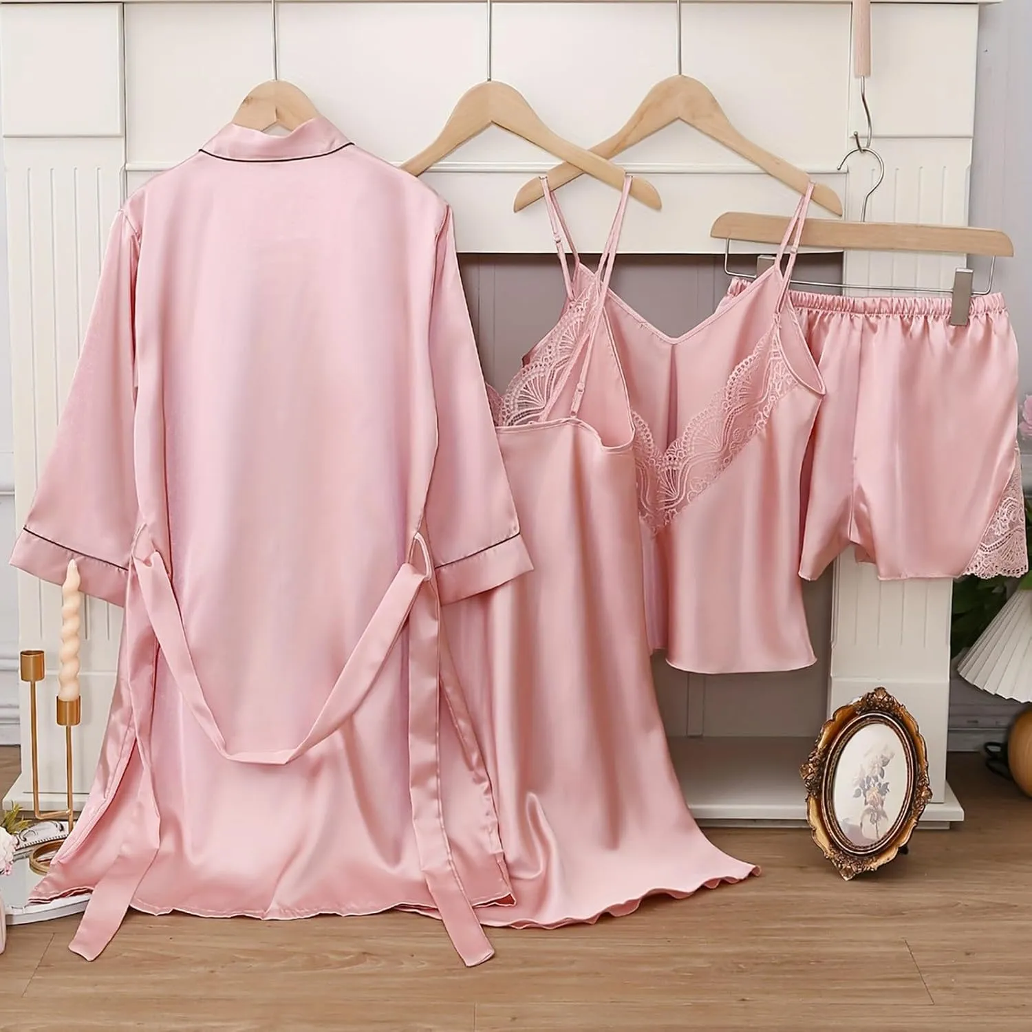 Women's Lace Trim Silk Pajamas Camisole Nightgown Sleepwear Satin Robe Cami Shorts Pj Sets 4 Piece Loungewear Nighty