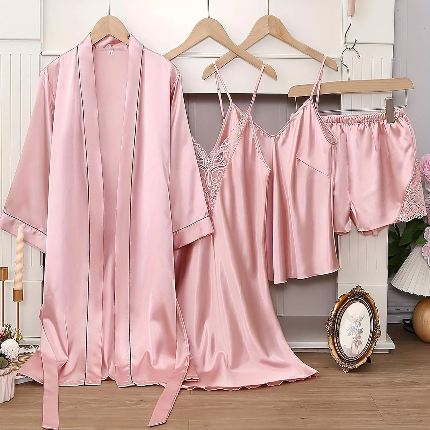 Women's Lace Trim Silk Pajamas Camisole Nightgown Sleepwear Satin Robe Cami Shorts Pj Sets 4 Piece Loungewear Nighty