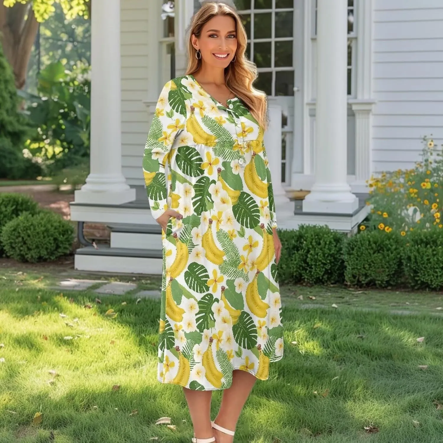 Womens Long Sleeve Dress Loose Button V Neck Casual Maxi Dresses with Pockets Fall Vacation Dresses