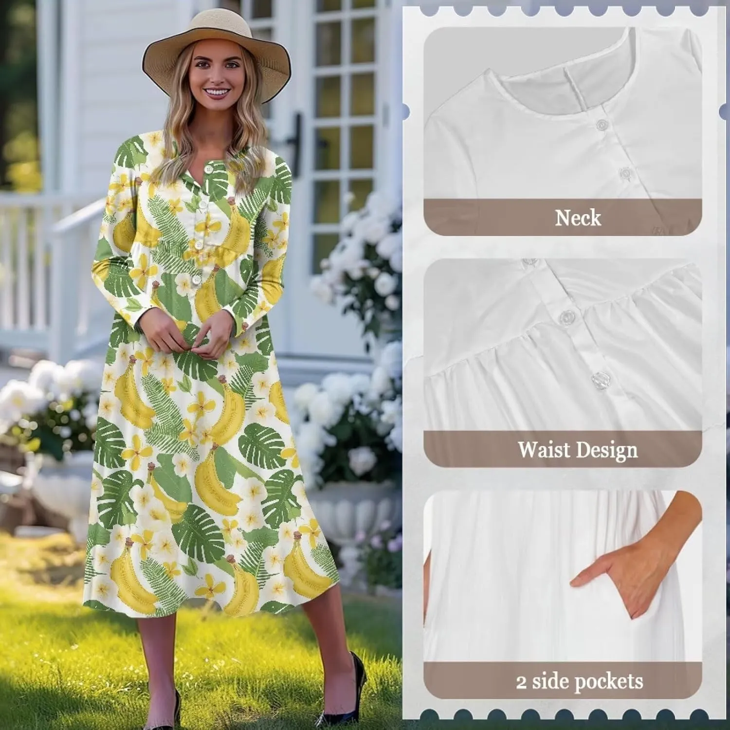 Womens Long Sleeve Dress Loose Button V Neck Casual Maxi Dresses with Pockets Fall Vacation Dresses
