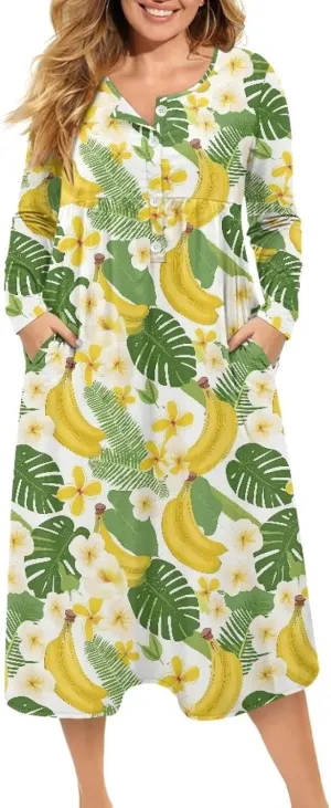 Womens Long Sleeve Dress Loose Button V Neck Casual Maxi Dresses with Pockets Fall Vacation Dresses