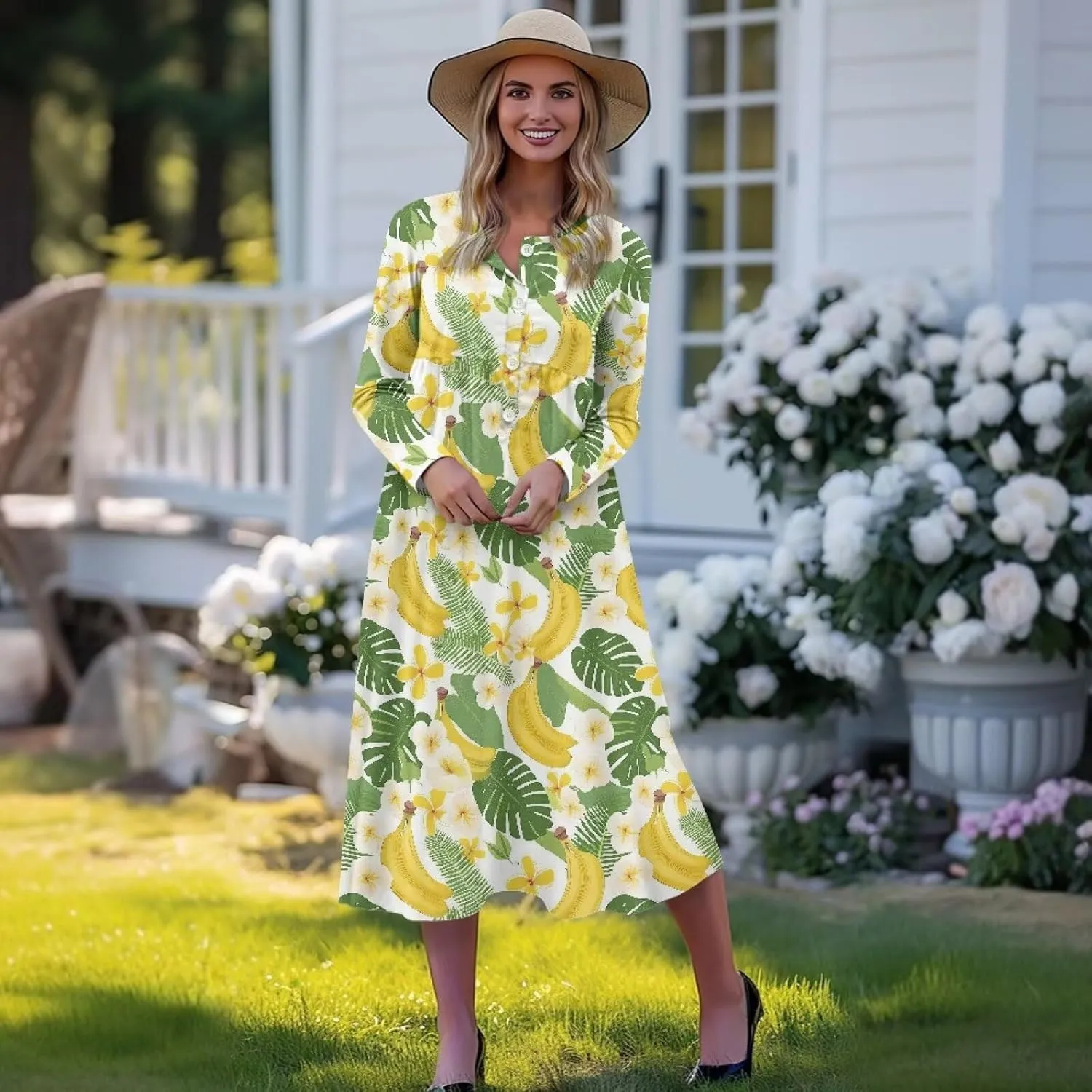 Womens Long Sleeve Dress Loose Button V Neck Casual Maxi Dresses with Pockets Fall Vacation Dresses