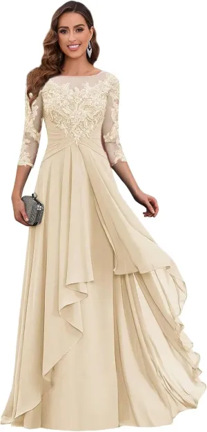 Women's Long Sleeve Mother of The Bride Dresses for Wedding Scoop Illusion Lace Chiffon A Line Evening Gown