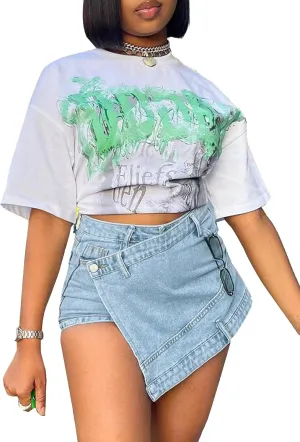 Womens Mini Denim Wrap Skirt Casual High Waisted Short Cargo Skirts with Pockets